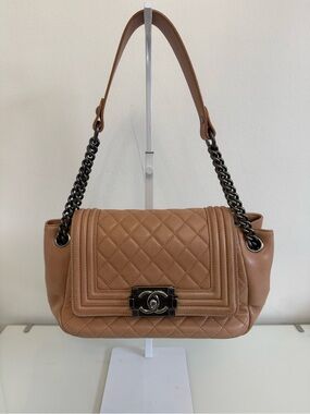 Chanel Boy Accordion Flag Bag Quilted Tan Lambskin with Gunmetal Chain